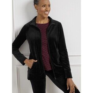 TALBOTS Women Size L Luxe Velour Velvet Black Zip Cardigan Office Minimalist